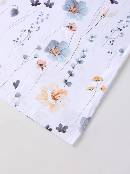 XUANSHOW Summer Women Uniform Flowers Printed Work Wear Pocket Front Short Sleeve V Neck Clothes