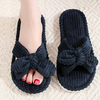 Summer House Slippers for Women Corduroy Cross Bow Indoor Slippers Slip On Bedroom Shoes with Soft Memory Foam Anti-Skid Shoes