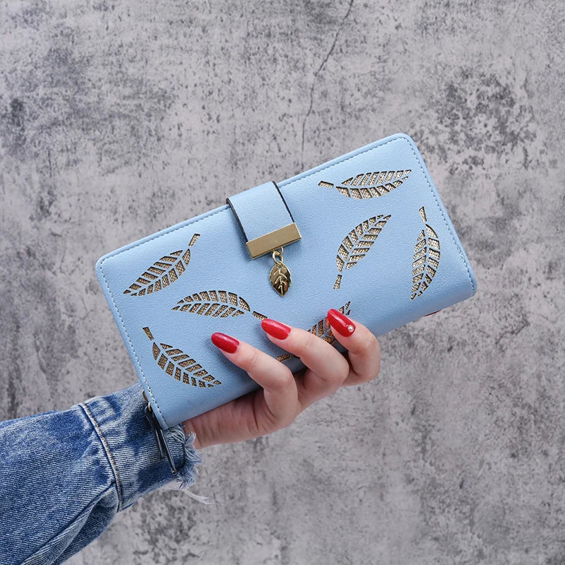 2024 new women's purse sweet lady PU leather horizontal zipper women's medium long hollow leaf purse