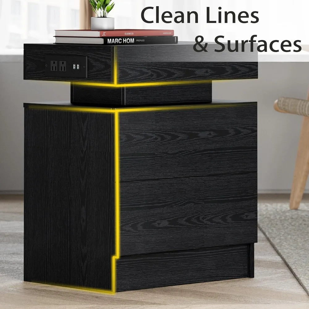 Night Stand with Charging Station, Modern Black Nightstand with LED Light and Drawers, Bedside Tables/End Table for Bedroom