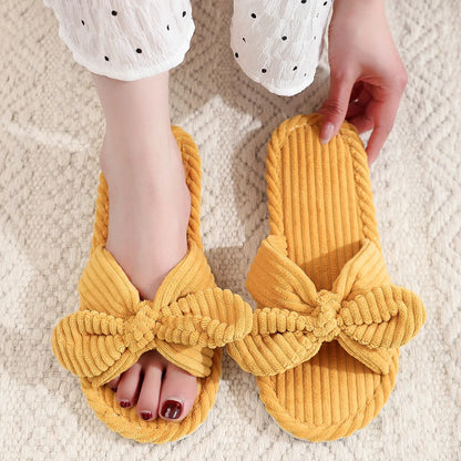 Summer House Slippers for Women Corduroy Cross Bow Indoor Slippers Slip On Bedroom Shoes with Soft Memory Foam Anti-Skid Shoes