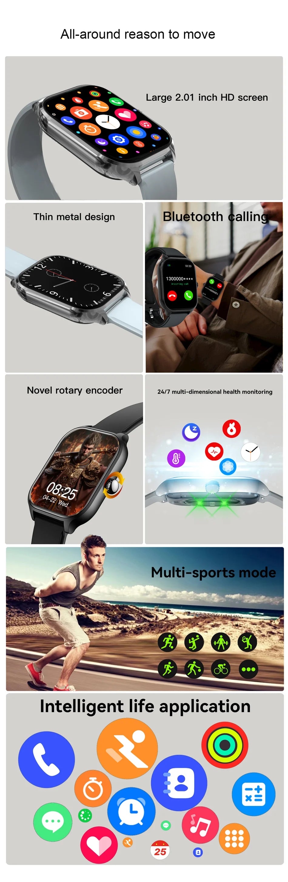 2025 New Smart Watch Men Women Gifts 2.01'' Full Touch Screen Sport Fitness Tracker Smartwatch Men BT Calls Digital smarthwhatch