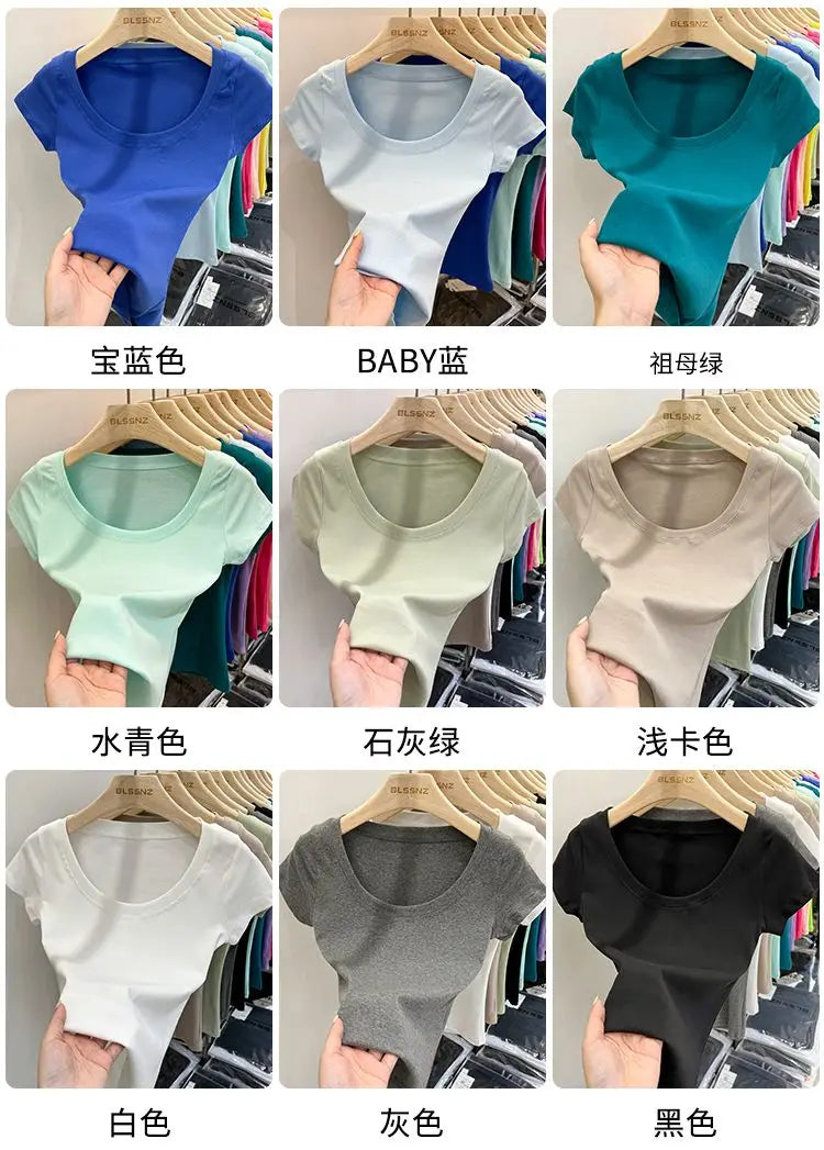 Women's Clothing U-neck T-Shirts Tops Tees pure cotton shoulder sleeved summer solid color slimming short low neck bottom shirt