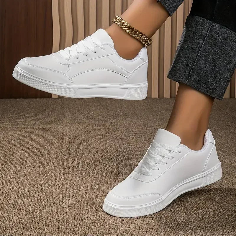 Women Casual Shoes Lace Up White Shoes Board Flat Female White PU Leather Walking Sneakers Thick Sole Outdoor Luxury Fashion