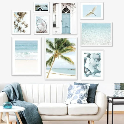 Wall Art Canvas Painting Nordic Palm Tree Sea Beach Flower Bird Seascape Posters and Prints Wall Pictures for Living Room Decor