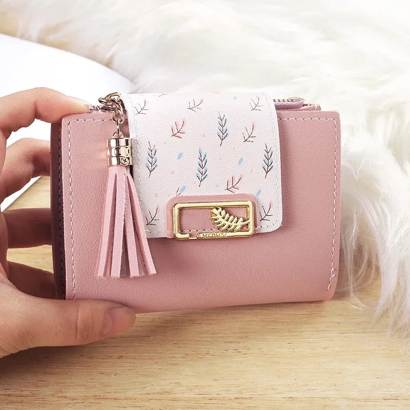 Leaf Purses For Women with Tassel Pendant Card Holder Women's Clutch Bag Short Female Wallet Coin Purse PU Cute Wallet