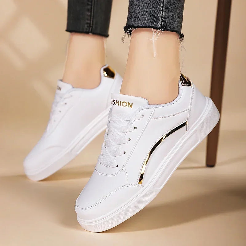 Women Casual Shoes Lace Up White Shoes Board Flat Female White PU Leather Walking Sneakers Thick Sole Outdoor Luxury Fashion
