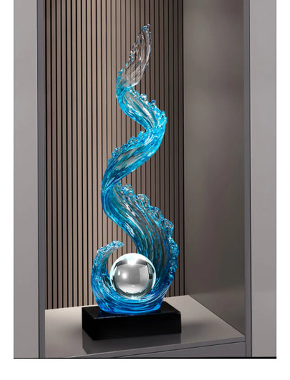 Home Decor Wind and Water Rising Decorations,Blue Resin Sculpture Luxury Living Room Entrance Vertical Art Decoration Customized