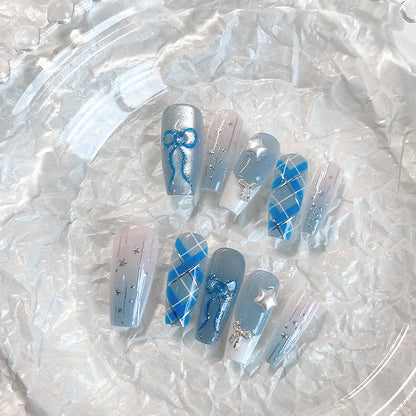 10PCS handmade coffin shaped nails, beautiful fake nails, dreamy blue and white nail art, fresh summer, suitable for women to us