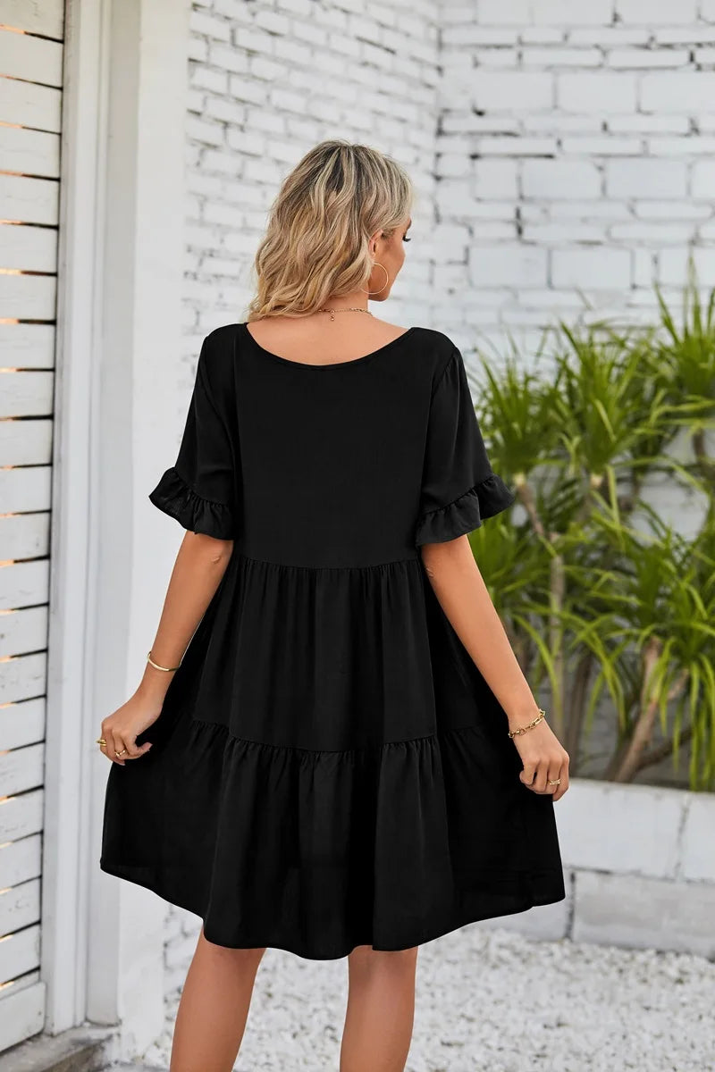 Women Clothes Summer Ruffle V Neck Short Sleeve Solid Cotton Beach Midi Dress Trendy Loose Simple Elegant Party Dresses Vestidos