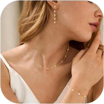Gold Jewelry Set for Women, Dainty 14K Gold/Silver Plated Pearl Necklace and Earring Set with Drop Earrings Bracelets Necklace