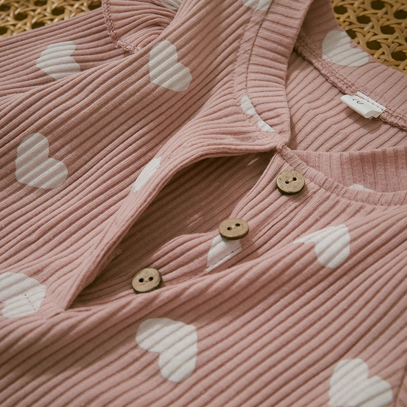 Ruffle Long Sleeve Infant Baby Girls Romper Kids Clothes Cute Heart Print Rib Jumpsuit+Headdress Valentine's Day Kids Playsuit