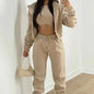 Women's 3-piece Trousers Velvet Hooded Sweatshirt Sports Casual Outfit Casual Long Sleeve Ribbed High Waist Pant Suits Sporty