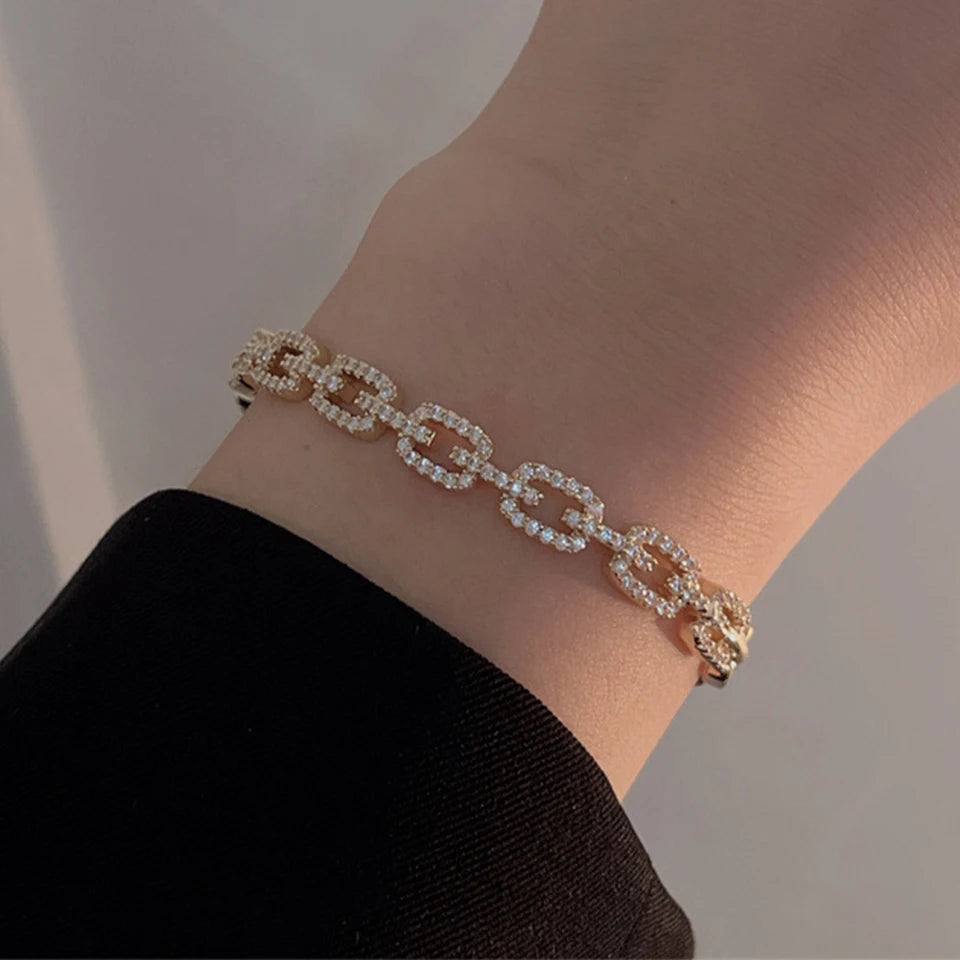 Yupsk Shiny Zircon Hollow Rectangle Link Cuff Bangle Bracelet for Women Luxury Wedding Party Jewelry Women's Gift