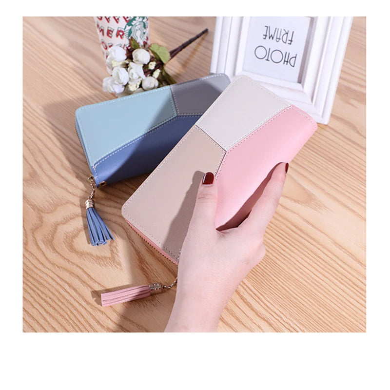 Women Large Capacity Wallet Long Zipper Durable Purse Hundred Literary Simple Splicing Clutch Bag