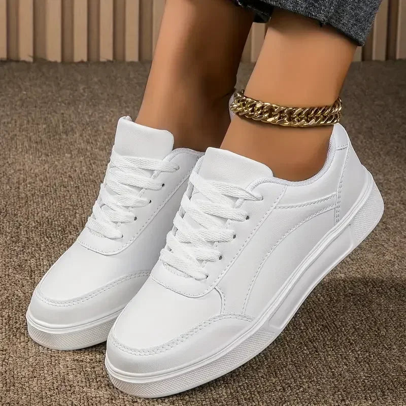 Women Casual Shoes Lace Up White Shoes Board Flat Female White PU Leather Walking Sneakers Thick Sole Outdoor Luxury Fashion
