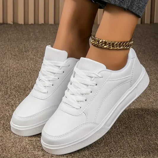 Women Casual Shoes Lace Up White Shoes Board Flat Female White PU Leather Walking Sneakers Thick Sole Outdoor Luxury Fashion