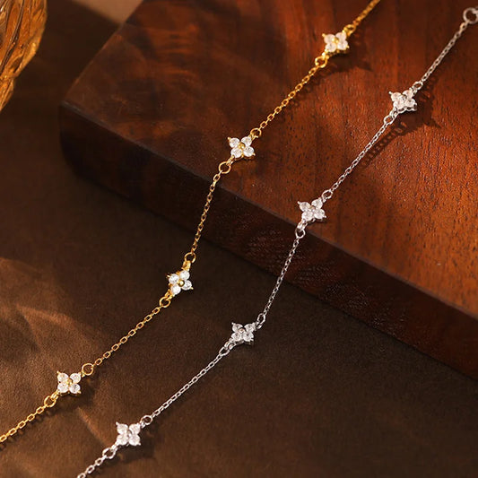 925 Silver Plated Four Leaf Flower 18k Gold Zircon Bracelet For Women Temperament Exquisite Adjustable Link Chain Jewelry Gifts