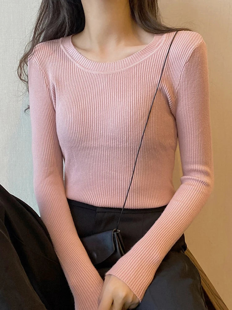 2025 New-coming Autumn Winter Tops O-Neck Pullovers Sweaters Primer shirt long sleeve Short Korean Slim-fit tight sweater