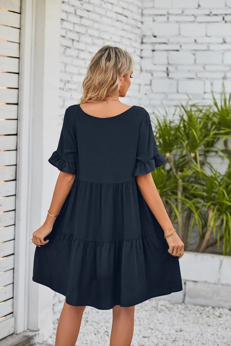 Women Clothes Summer Ruffle V Neck Short Sleeve Solid Cotton Beach Midi Dress Trendy Loose Simple Elegant Party Dresses Vestidos