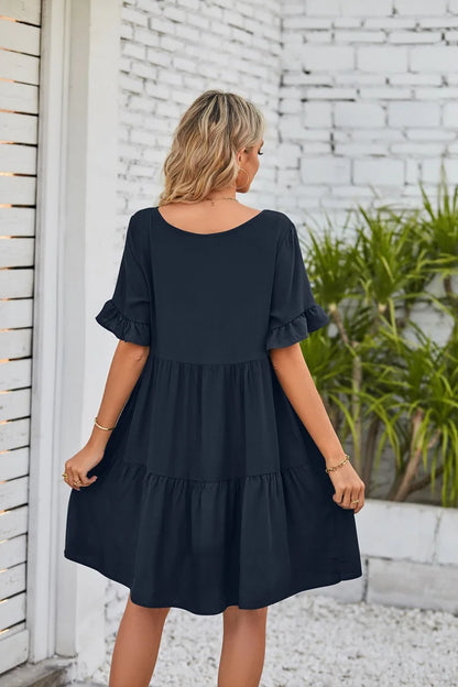 Women Clothes Summer Ruffle V Neck Short Sleeve Solid Cotton Beach Midi Dress Trendy Loose Simple Elegant Party Dresses Vestidos