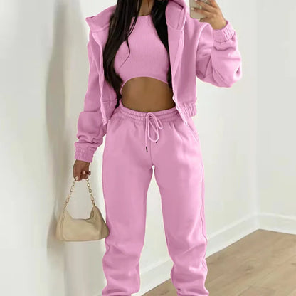 Women's 3-piece Trousers Velvet Hooded Sweatshirt Sports Casual Outfit Casual Long Sleeve Ribbed High Waist Pant Suits Sporty