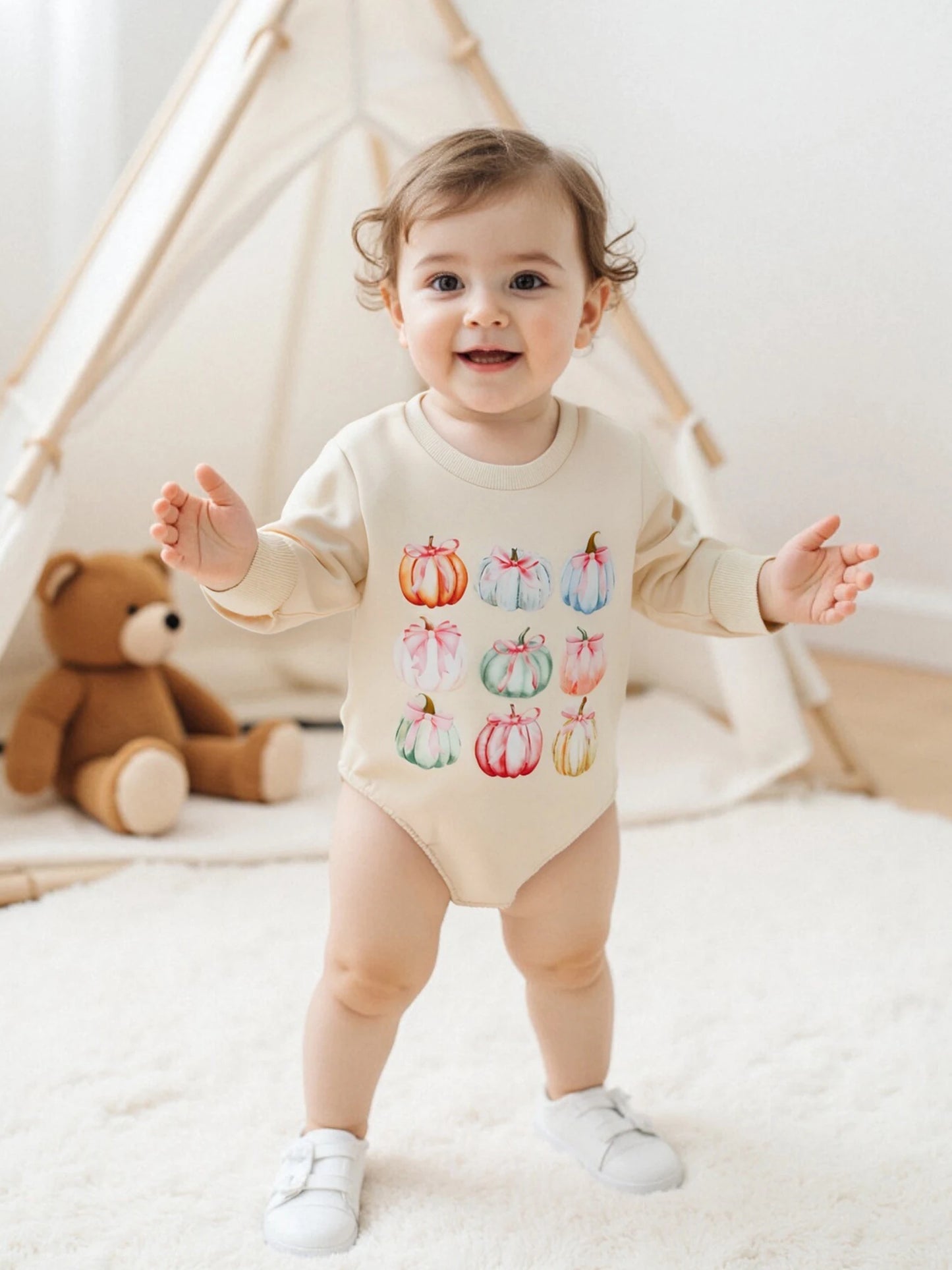 Infant Girls Jumpsuit Short Sleeve Round Neck Ghost Print Playsuit Toddler Halloween Outfit with Ruffles and Bow