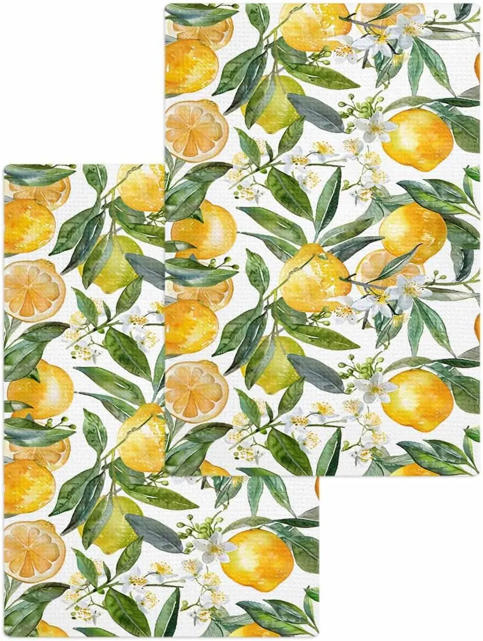 Summer Lemon Flower Kitchen Dish Towels Set Cleaning Supplies Microfiber Dish Drying Towels Hand Towels Kitchens Accessories