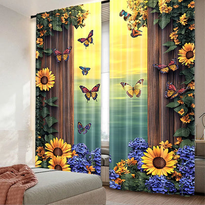 2Pcs Vibrant Sunflower Patterned Butterfly Curtains Stylish Home Decor Suitable For Bedroom Bathroom Living Room Dining Room