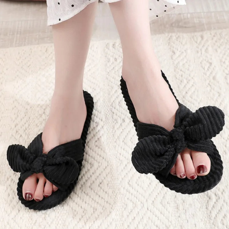 Summer House Slippers for Women Corduroy Cross Bow Indoor Slippers Slip On Bedroom Shoes with Soft Memory Foam Anti-Skid Shoes