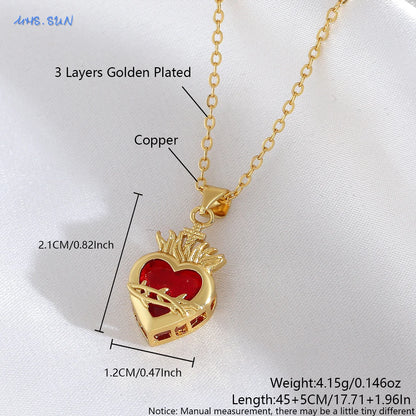 MHS.SUN Gold Plated Sacred Heart of Jesus Cross Necklace Red Zircon Religious Catholic Pendant Necklaces For Women Girls Jewelry