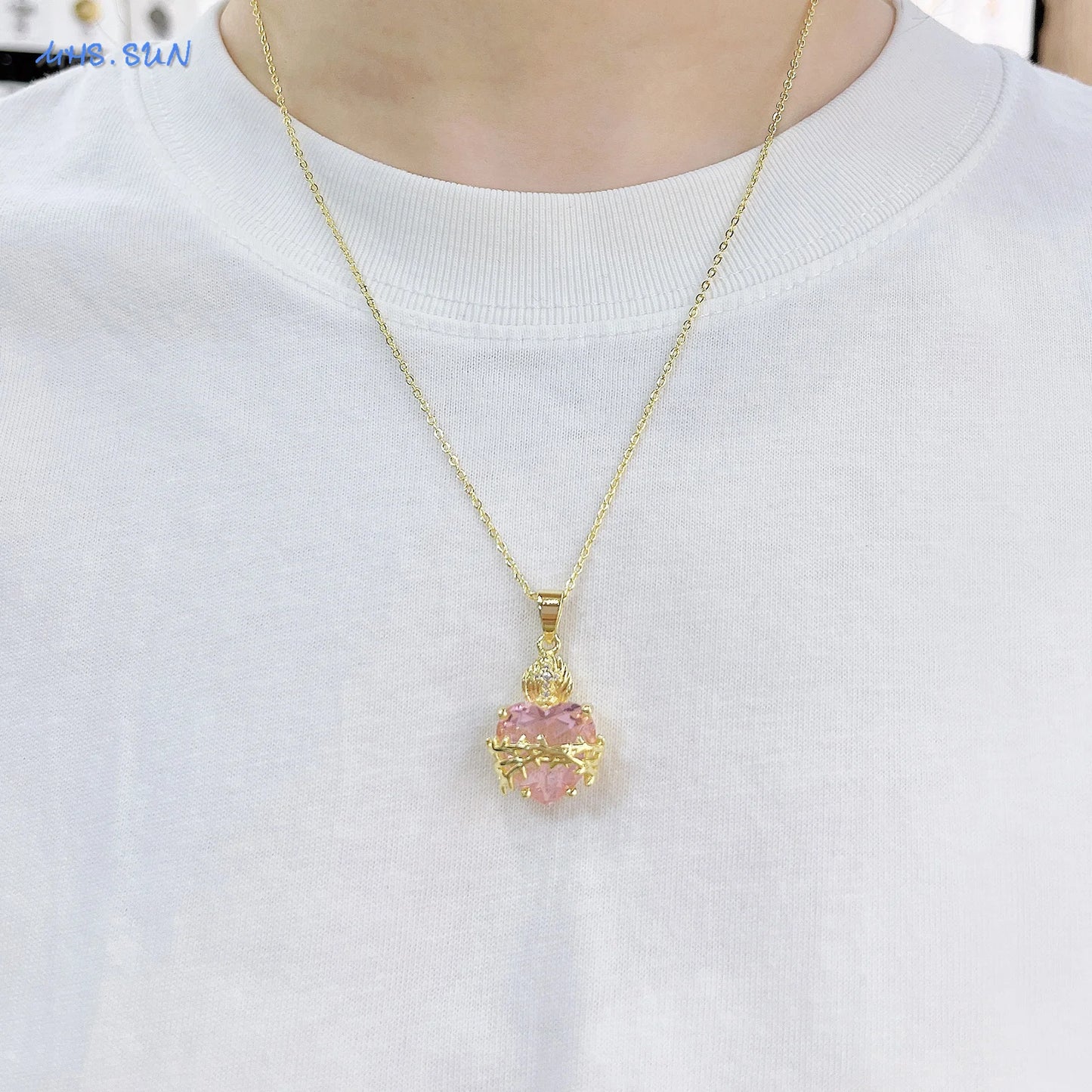 MHS.SUN Gold Plated Sacred Heart of Jesus Cross Necklace Red Zircon Religious Catholic Pendant Necklaces For Women Girls Jewelry