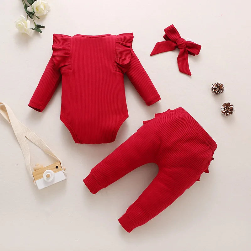 Newborn Baby Girls Clothes Infant Long Sleeve Ruffle Romper Bodysuits+Pants+Bow Headband 3Pcs Suit Children Toddler Outfit A422