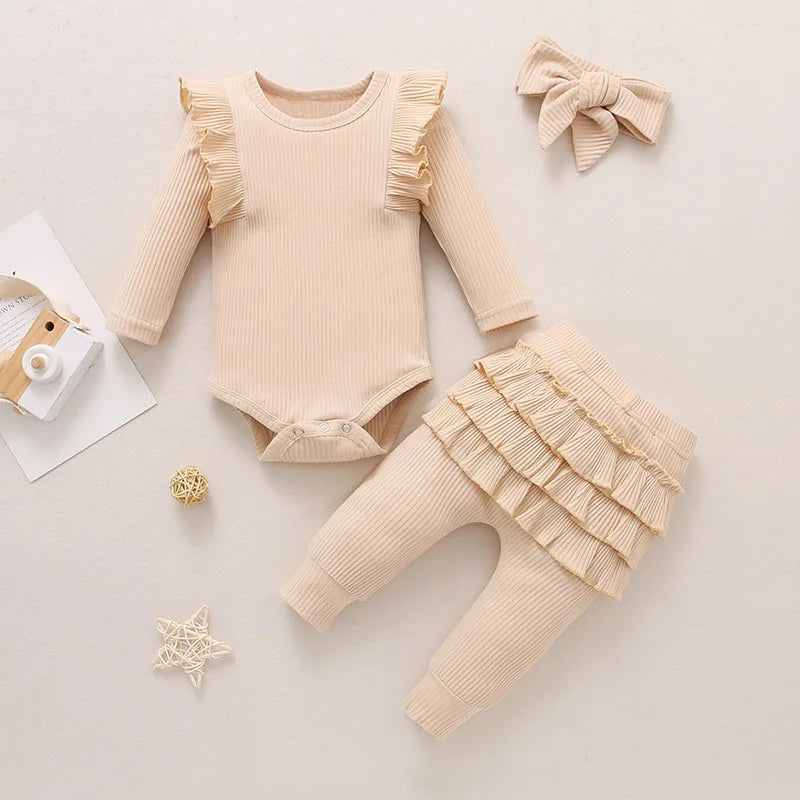 Newborn Baby Girls Clothes Infant Long Sleeve Ruffle Romper Bodysuits+Pants+Bow Headband 3Pcs Suit Children Toddler Outfit A422