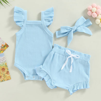 Newborn Baby Girl Clothes Summer Outfit Ruffle Sleeveless Knit Romper Top Bloomer Shorts Set