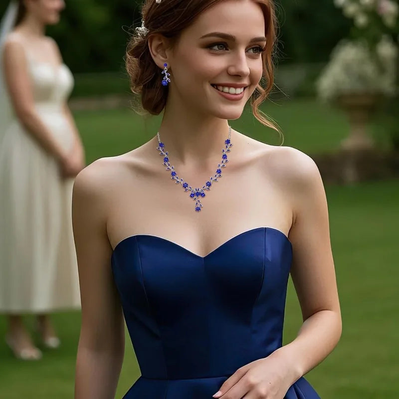 Women's Wedding Jewelry Leaf Cluster Flower Crystal Dangle Earrings Pendant Necklace Set for Bridal