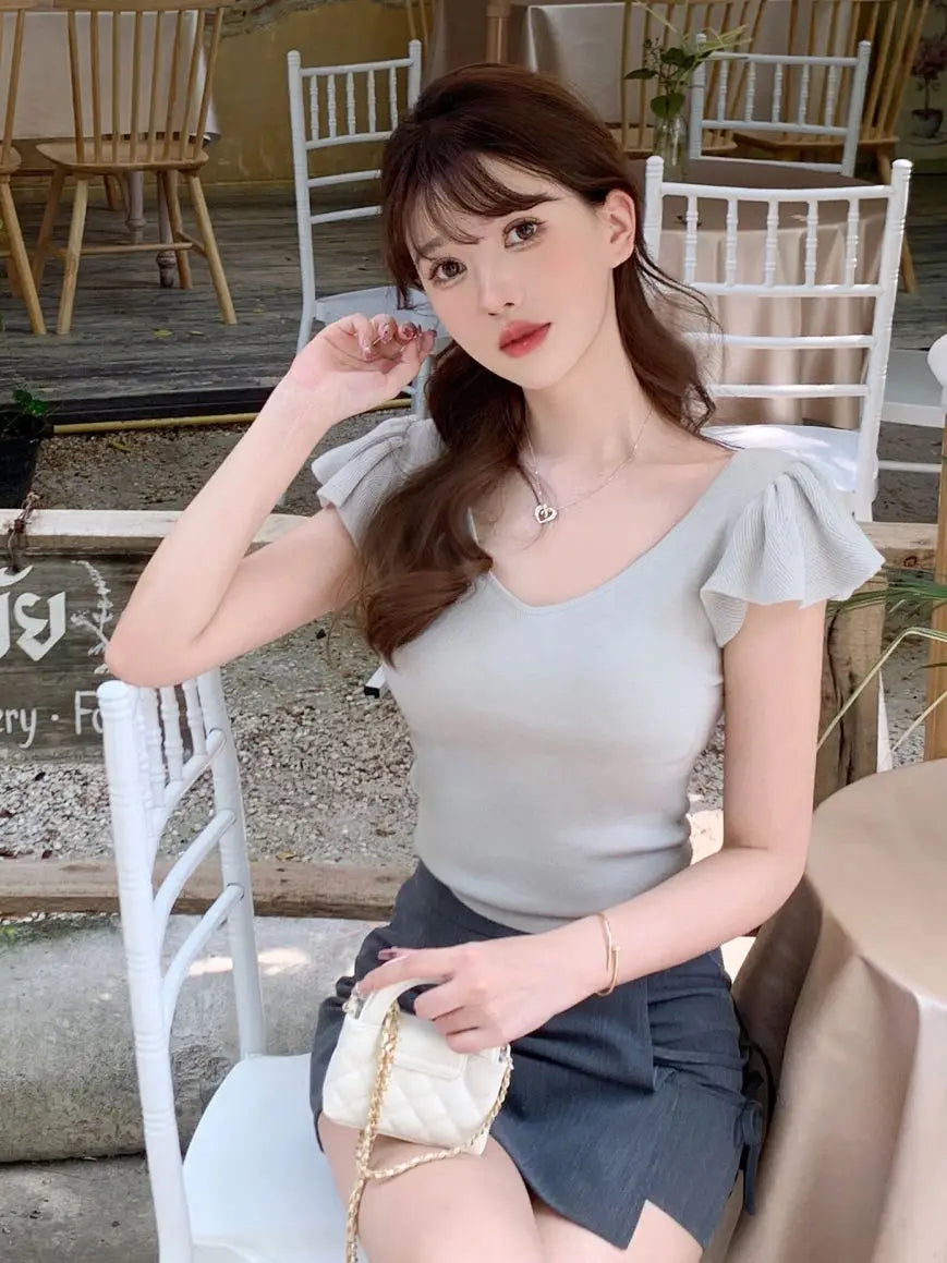 Women Clothes Summer Casual Fashion Simplicity Solid Color V-neck Tops Women's Trend All-match Sweet Temperament Slim T-Shirt