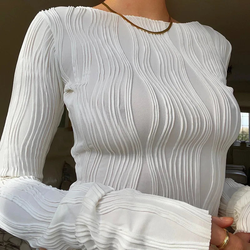 Woman Fashion Casual Ruched Long Sleeve T-shirt Blouses Female White Skinny Cropped Bottoming Shirt 2024 Autumn Y2K Top Clothes