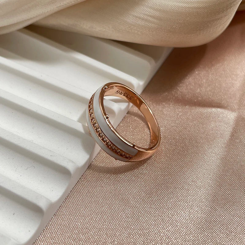 SYOUJYO White Enamel Rings For Women Natural Zircon Full Paved 585 Rose Gold Color Glossy Simple Stylish Daily Wear Jewelry