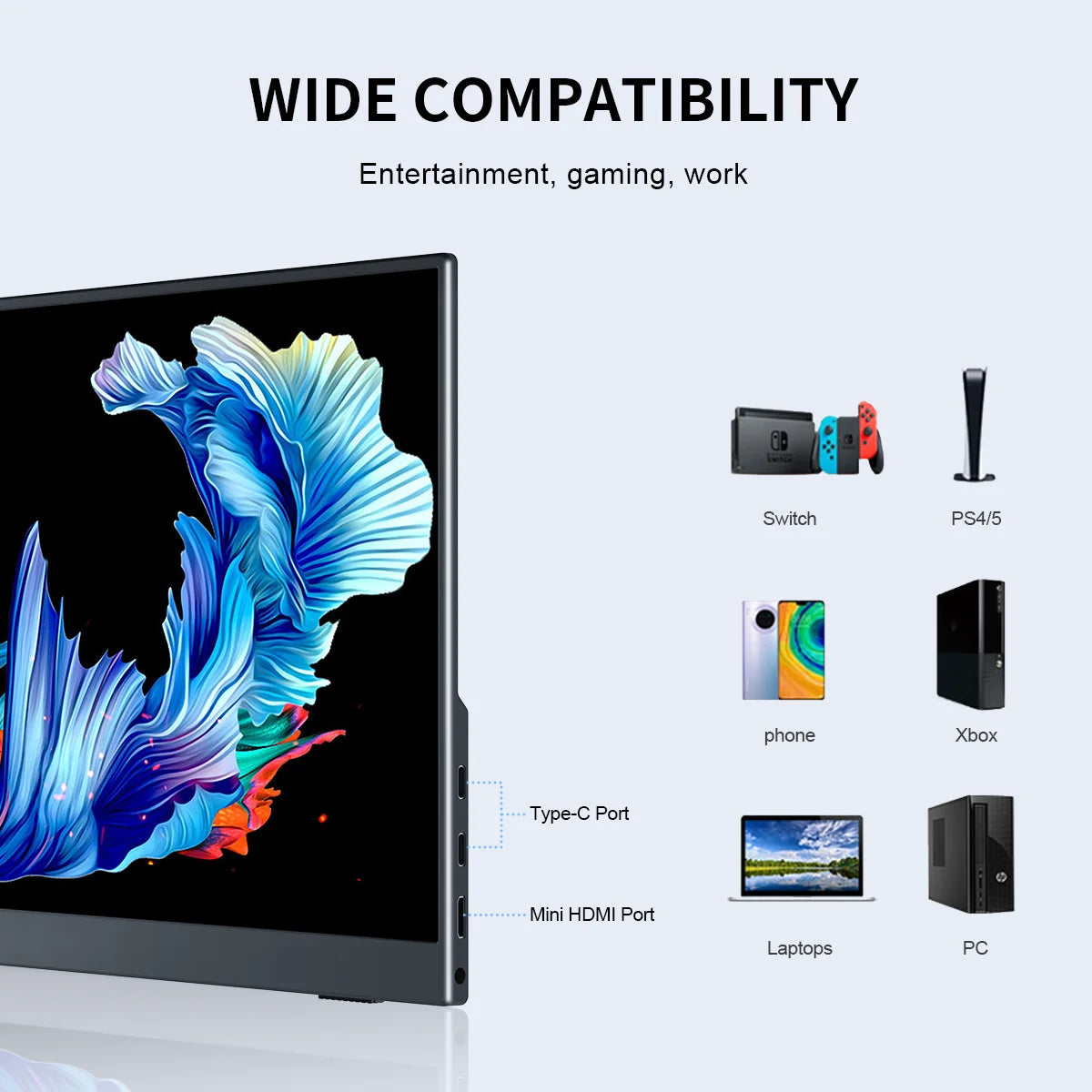 HOWENS Portable Monitor 13.3 inch 2560*1600 60Hz IPS Screen Gaming Monitor Display Super Thin for Switch Xbox PS PC Phone Laptop