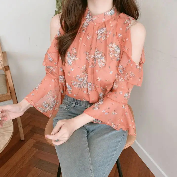 Fashion Woman Off Shoulder Blouse Shirts For Women Stylish Top long Sleeve Female Tops Elegant Chiffon Mujer Woman Clothes