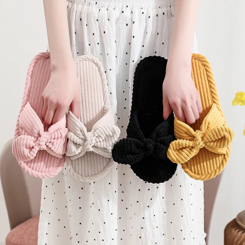 Summer House Slippers for Women Corduroy Cross Bow Indoor Slippers Slip On Bedroom Shoes with Soft Memory Foam Anti-Skid Shoes