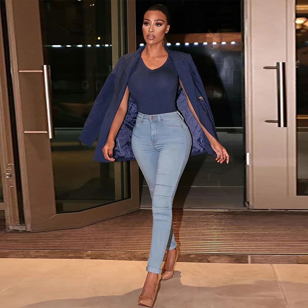 2023 New Stretch Skinny Denim Women's Jeans Mid Waist Pants Blue Retro Washed Elastic Slim Pencil Trousers