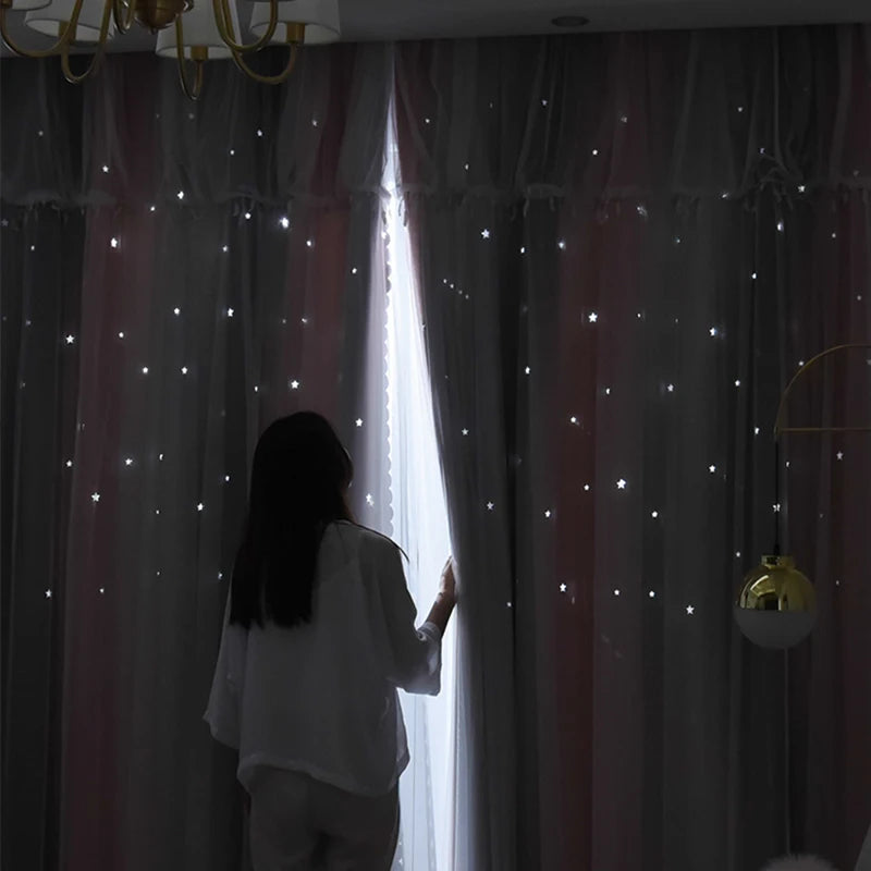 Double-Layer Blackout Curtains with Self-Stick Rodless and Lace Sheer Tieback for Living Room and Bedroom - Block Out Light and