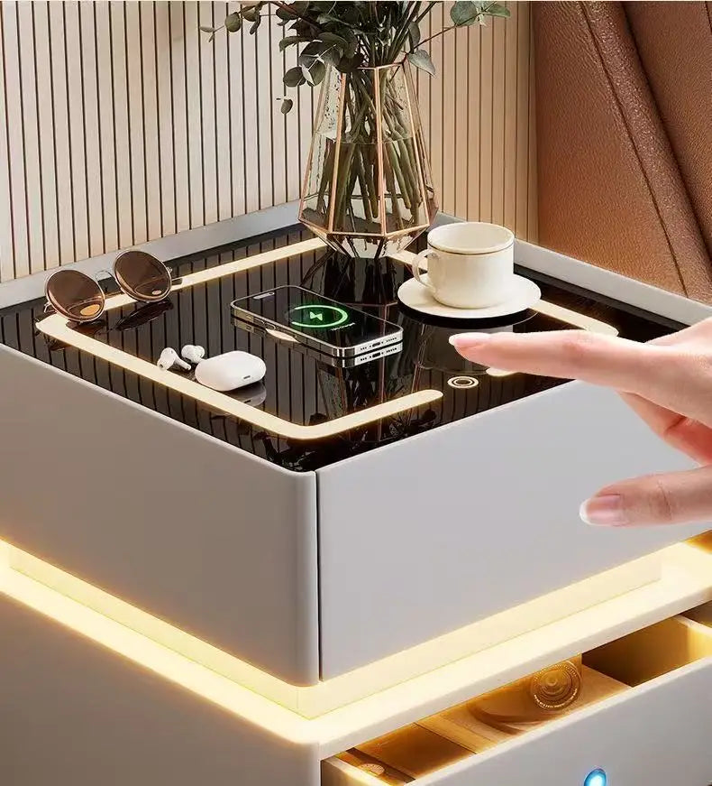 Smart bedside cabinet  new model suspended solid wood leather simple and modern small sized bedroom no installation required fin