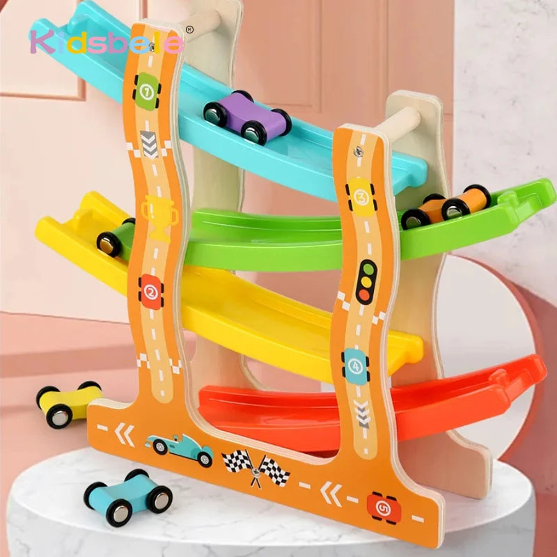 Kids Four-layer Wooden Gliders  Montessori Inertia Track Car Toys Animal And Traffic Theme Early Educational Toys Birthday Gifts