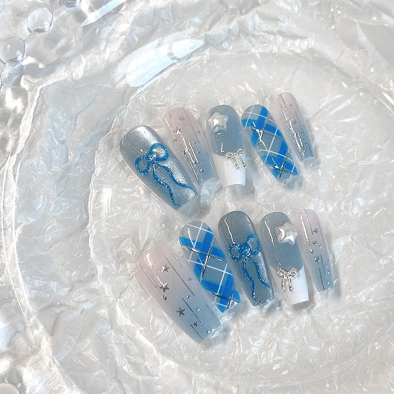 10PCS handmade coffin shaped nails, beautiful fake nails, dreamy blue and white nail art, fresh summer, suitable for women to us