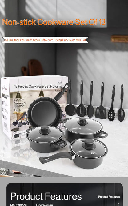 13 Piece Cookware Set Milk Pot Soup Pot Flat Bottomed Small Frying Pan with Lid And Shovel Kitchenware Set for Cooking pots Set