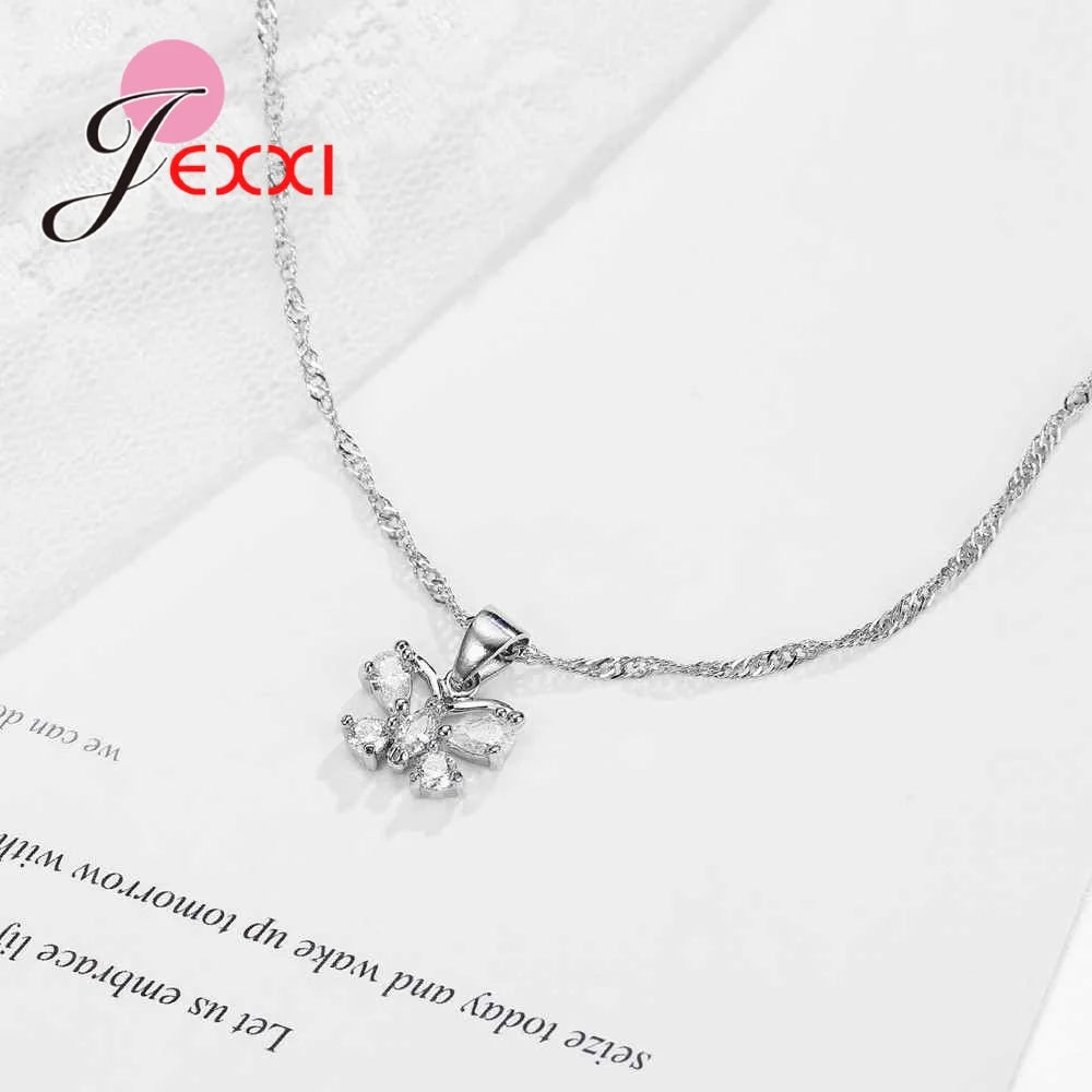 Fine Jewelry Sets Genuine 925 Sterling Silver Zircon Pendant Necklace Earrings Set for Women Crystal Bowknot Bijoux