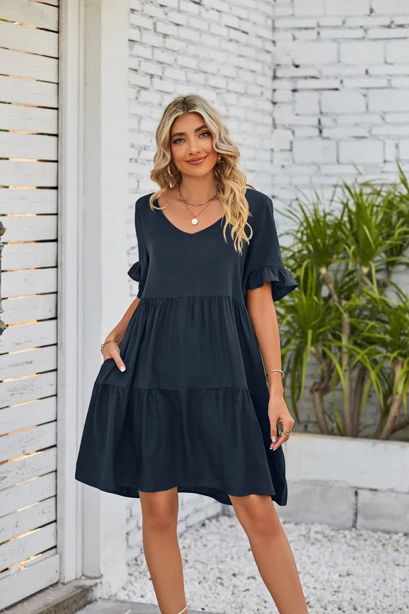 Women Clothes Summer Ruffle V Neck Short Sleeve Solid Cotton Beach Midi Dress Trendy Loose Simple Elegant Party Dresses Vestidos